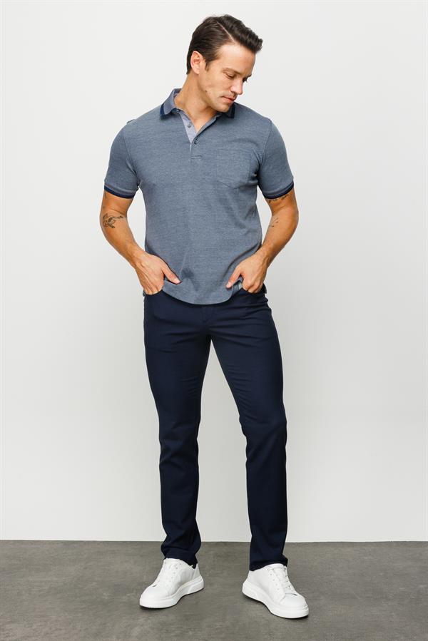 Erkek Polo Yaka Yakası ve Kolu Triko Cepli T-shirt Füme