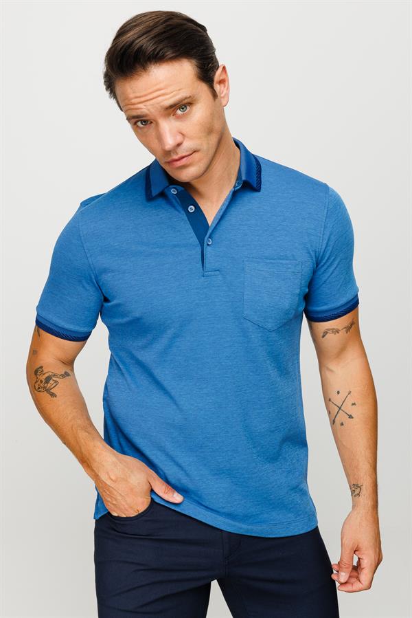 Erkek Polo Yaka Yakası ve Kolu Triko Cepli T-shirt Saks