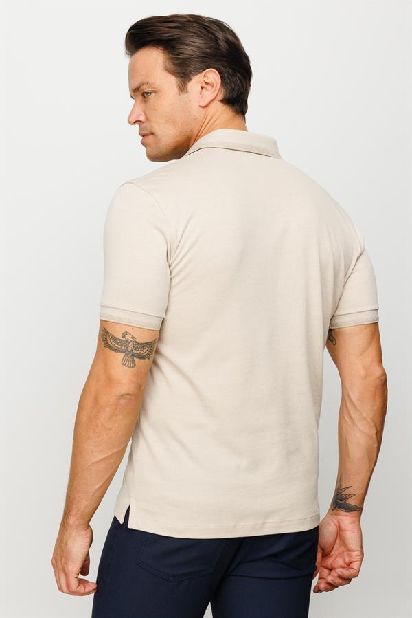 Erkek Polo Yaka Yakası ve Kolu Triko Cepli T-shirt Bej