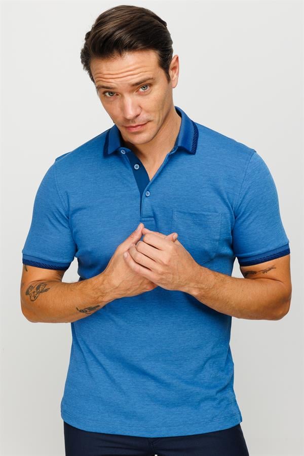 Erkek Polo Yaka Yakası ve Kolu Triko Cepli T-shirt Saks