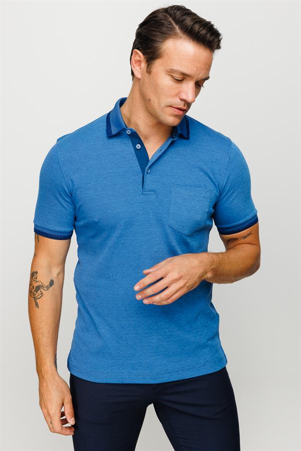 Erkek Polo Yaka Yakası ve Kolu Triko Cepli T-shirt Saks