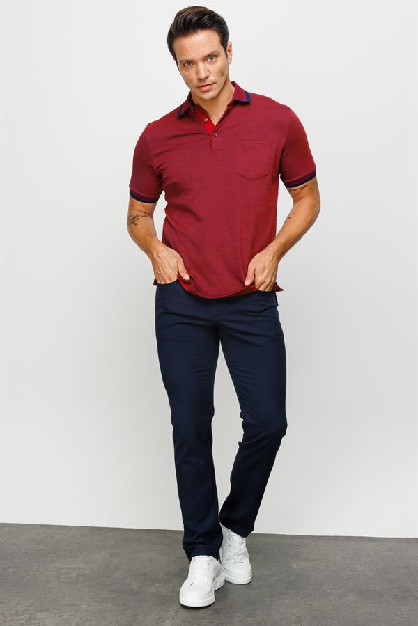 Erkek Polo Yaka Yakası ve Kolu Triko Cepli T-shirt Bordo