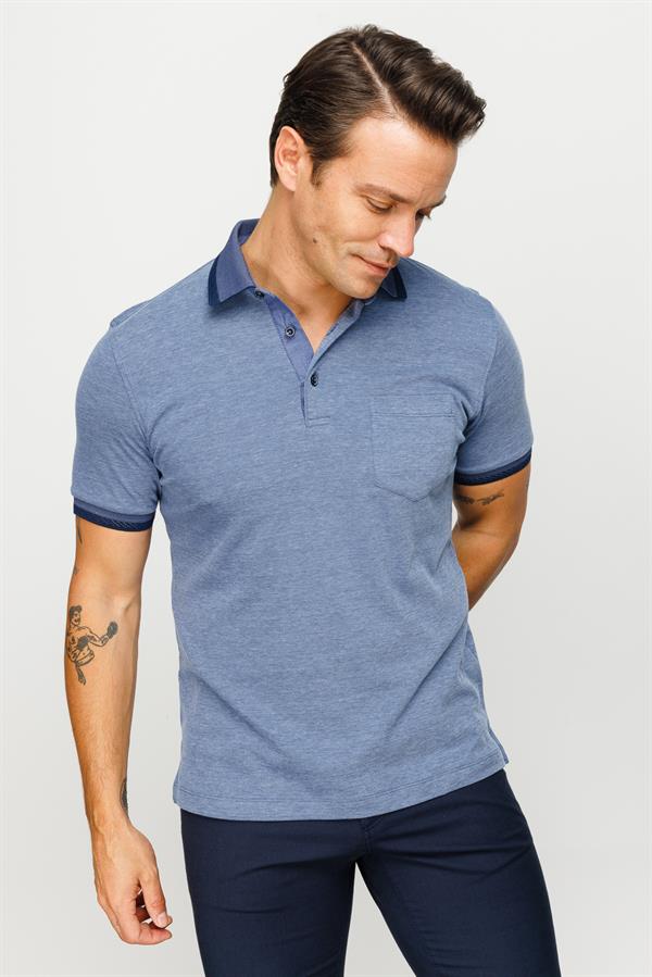 Erkek Polo Yaka Yakası ve Kolu Triko Cepli T-shirt Lacivert