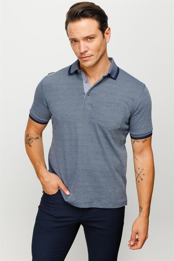 Erkek Polo Yaka Yakası ve Kolu Triko Cepli T-shirt Füme