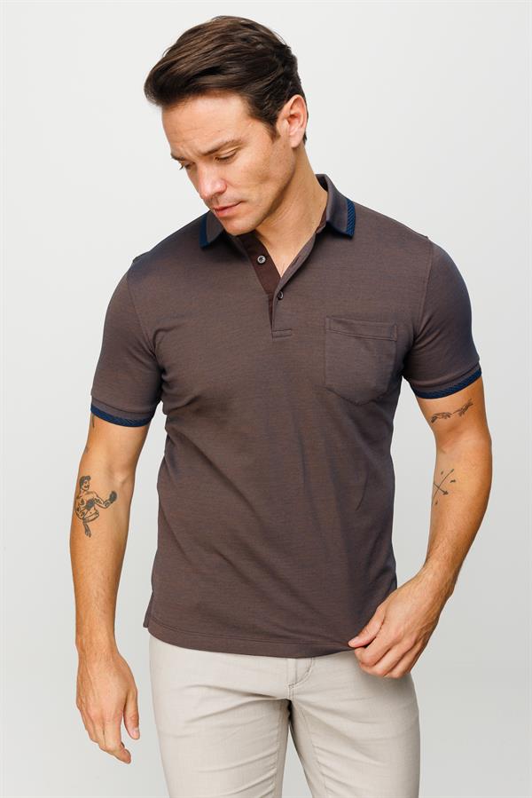 Erkek Polo Yaka Yakası ve Kolu Triko Cepli T-shirt Kahve