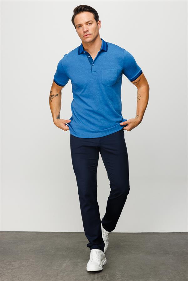 Erkek Polo Yaka Yakası ve Kolu Triko Cepli T-shirt Saks