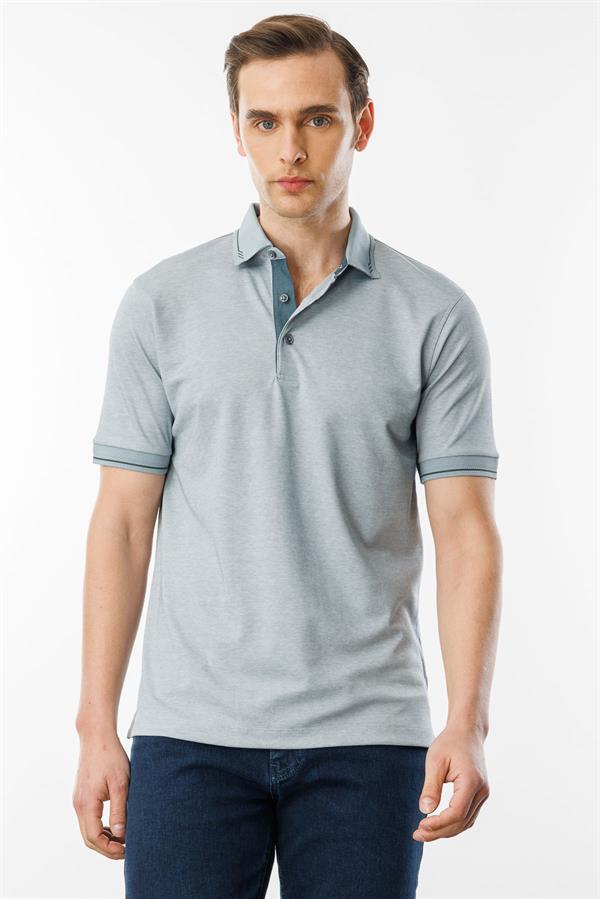 Erkek Polo Yaka Yakası ve Kolu Triko T-shirt Gri