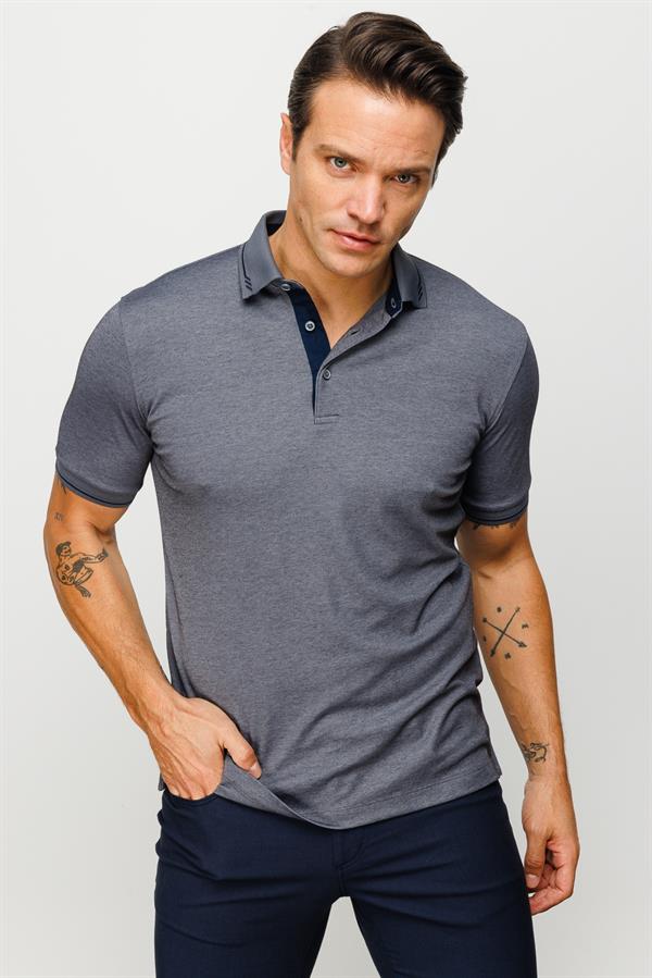 Erkek Polo Yaka Yakası ve Kolu Triko T-shirt Füme