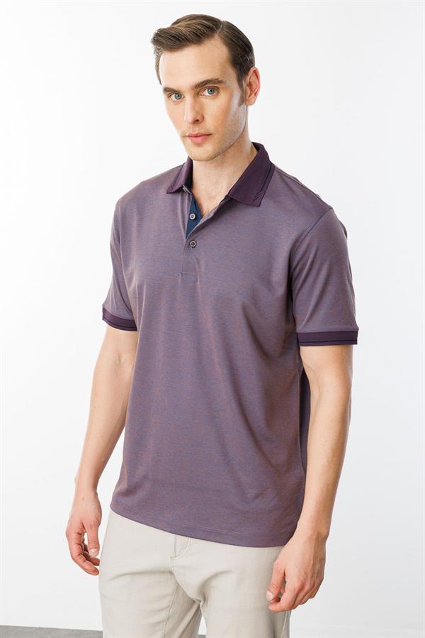Erkek Polo Yaka Yakası ve Kolu Triko T-shirt Kahve Lila