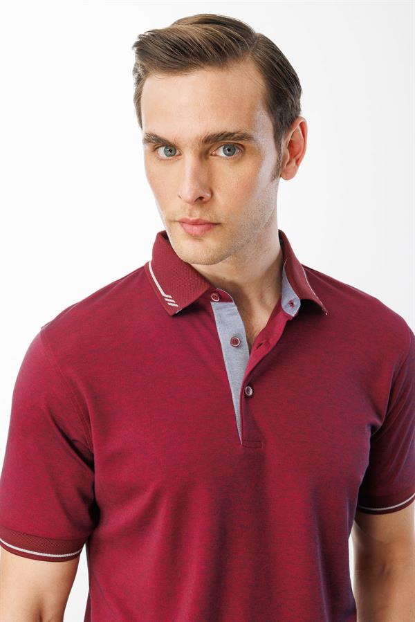 Erkek Polo Yaka Yakası ve Kolu Triko T-shirt Bordo