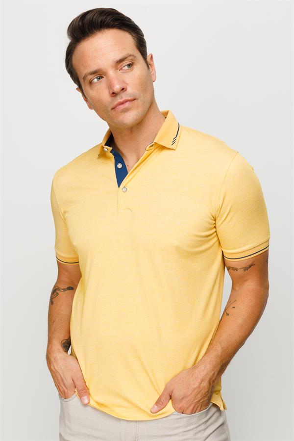 Erkek Polo Yaka Yakası ve Kolu Triko T-shirt Sarı