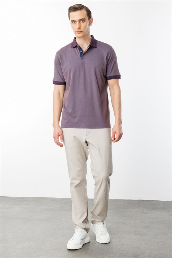 Erkek Polo Yaka Yakası ve Kolu Triko T-shirt Kahve Lila