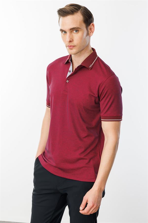 Erkek Polo Yaka Yakası ve Kolu Triko T-shirt Bordo