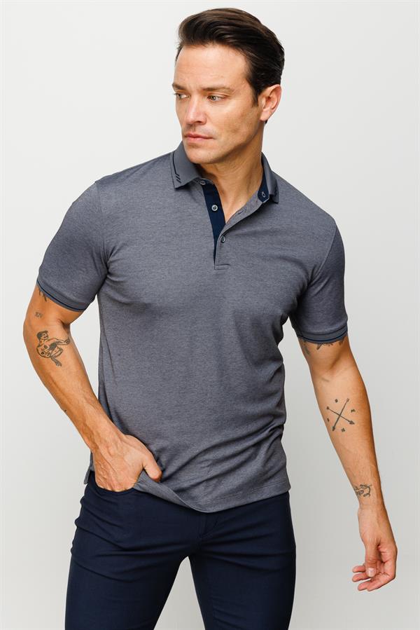 Erkek Polo Yaka Yakası ve Kolu Triko T-shirt Füme