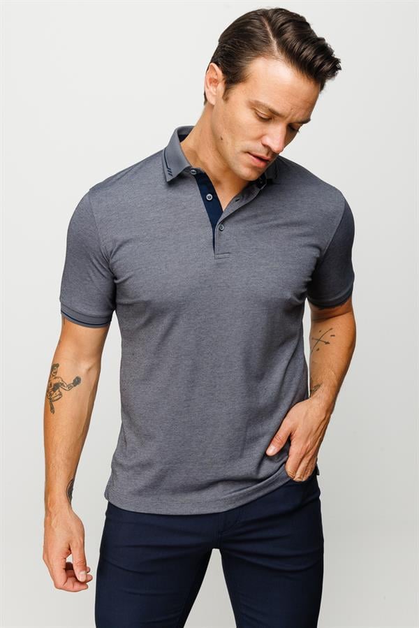 Erkek Polo Yaka Yakası ve Kolu Triko T-shirt Füme