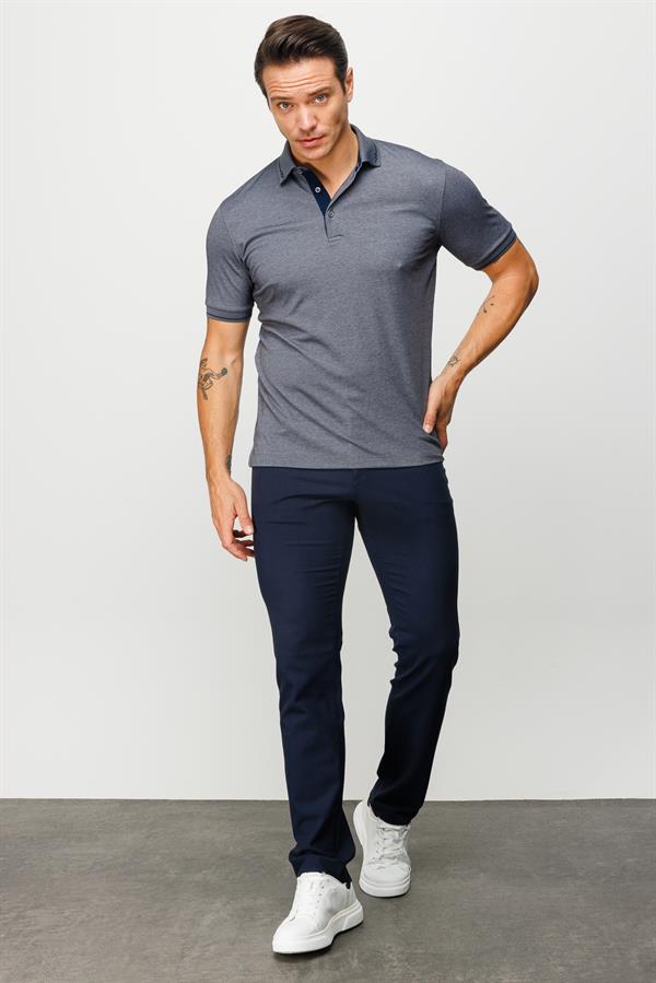 Erkek Polo Yaka Yakası ve Kolu Triko T-shirt Füme