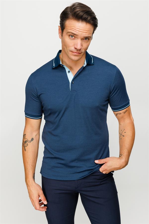 Erkek Polo Yaka Yakası ve Kolu Triko T-shirt Petrol
