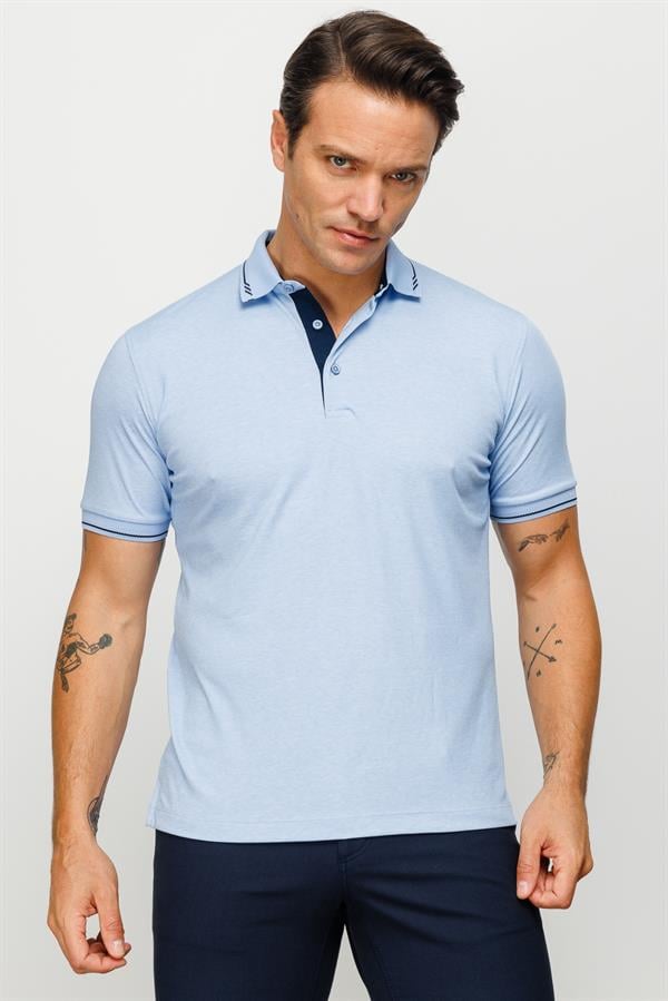 Erkek Polo Yaka Yakası ve Kolu Triko T-shirt Mavi