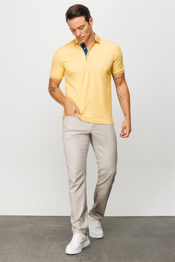 Erkek Polo Yaka Yakası ve Kolu Triko T-shirt Sarı