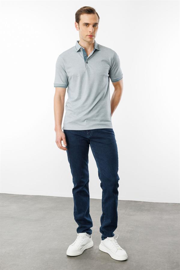 Erkek Polo Yaka Yakası ve Kolu Triko T-shirt Gri