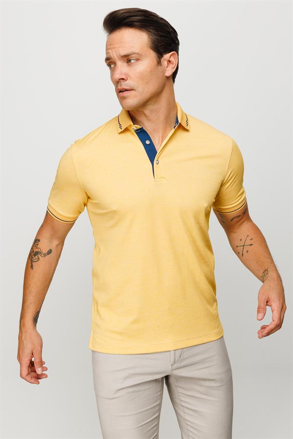 Erkek Polo Yaka Yakası ve Kolu Triko T-shirt Sarı