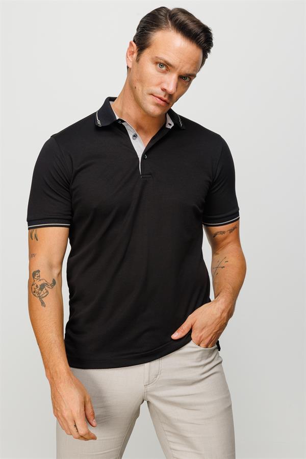 Мужская футболка с трикотажными рукавами и воротником поло темно черная