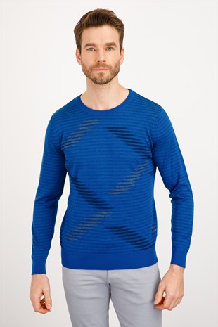 Мужской свитер с круглым вырезом и трикотажем синий