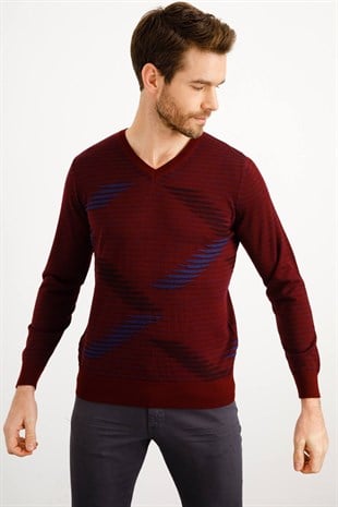 Мужской вязаный свитер с V-образным вырезом цвета сливы