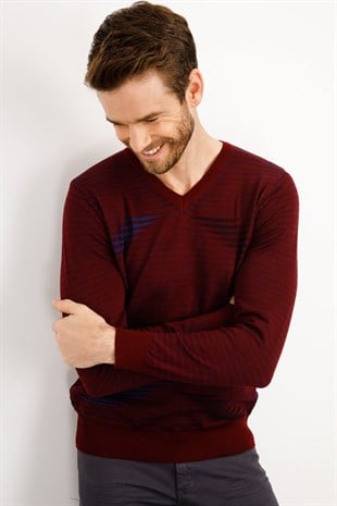 Мужской вязаный свитер с V-образным вырезом цвета сливы