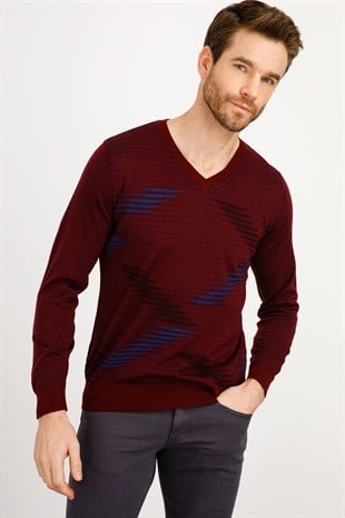 Мужской вязаный свитер с V-образным вырезом цвета сливы