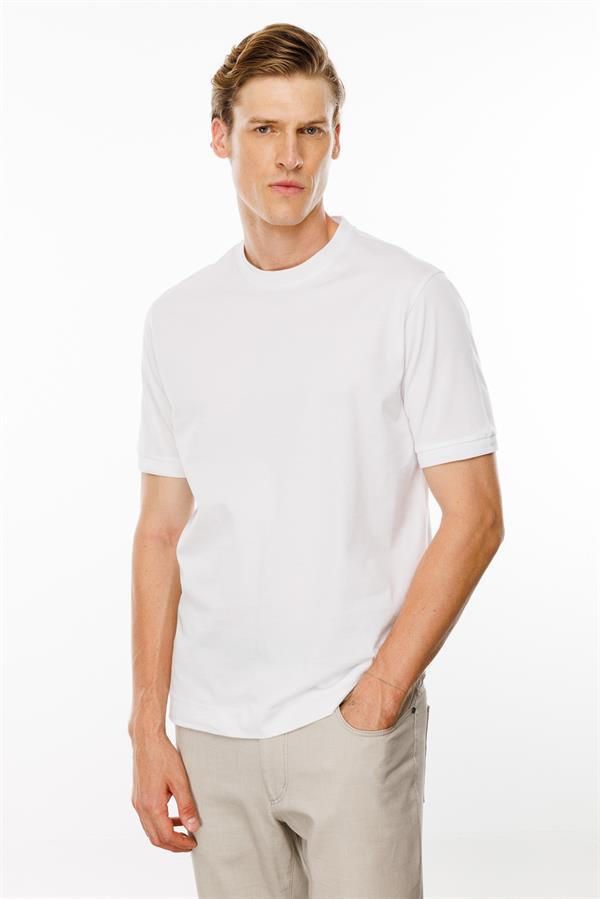 Erkek Sıfır Yaka Basic Pamuklu T-shirt Beyaz