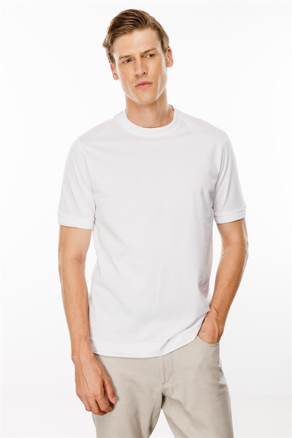 Erkek Sıfır Yaka Basic Pamuklu T-shirt Beyaz
