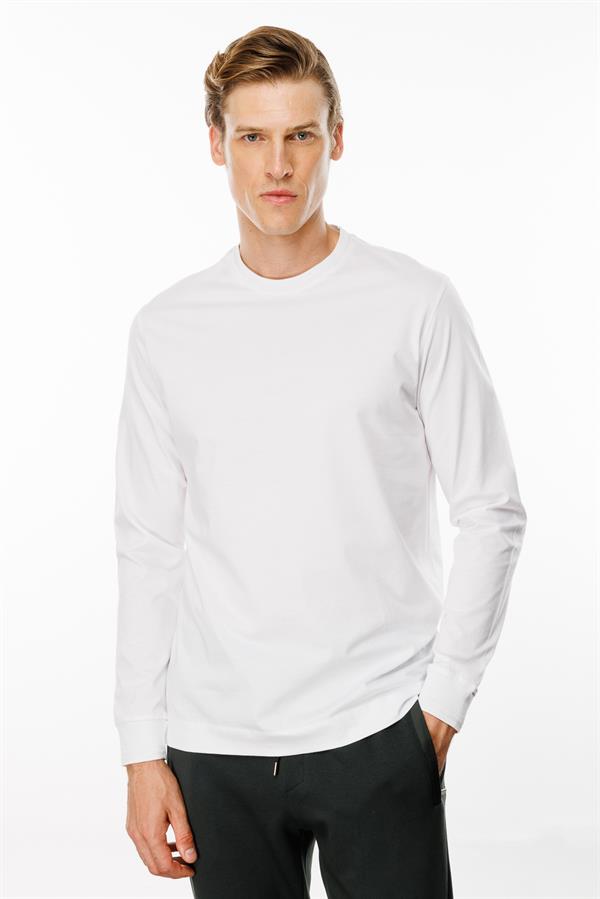 Erkek Sıfır Yaka Basic Uzun Kollu Pamuklu T-shirt Beyaz