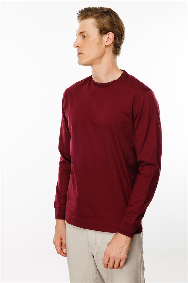 Erkek Sıfır Yaka Basic Uzun Kollu Pamuklu T-shirt Bordo