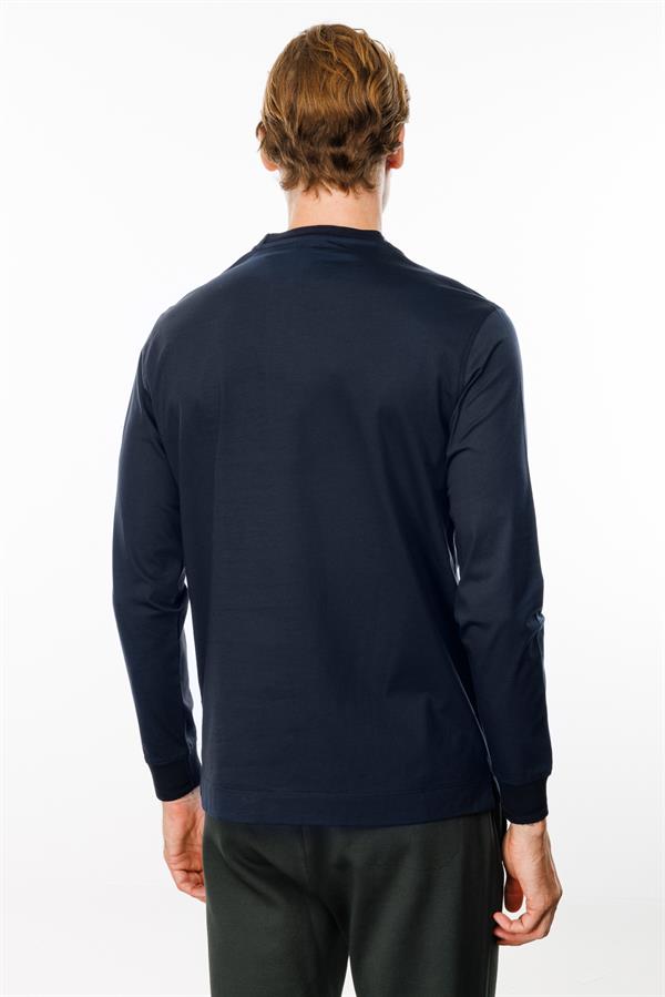 Erkek Sıfır Yaka Basic Uzun Kollu Pamuklu T-shirt Lacivert