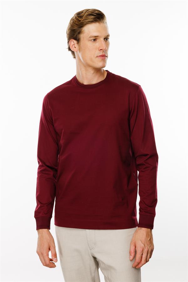 Erkek Sıfır Yaka Basic Uzun Kollu Pamuklu T-shirt Bordo