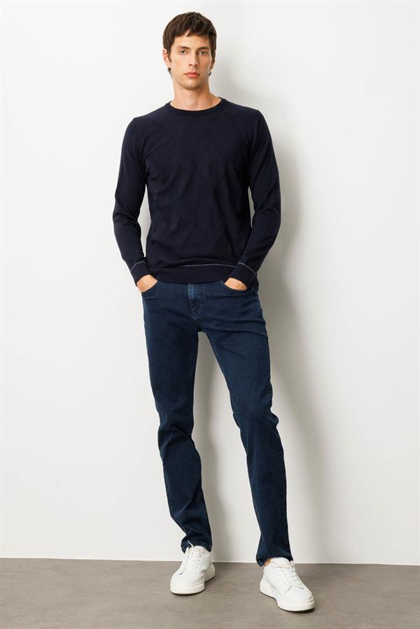 Erkek Sıfır Yaka Çizgili Baklavalı Yün Kazak K.Lacivert