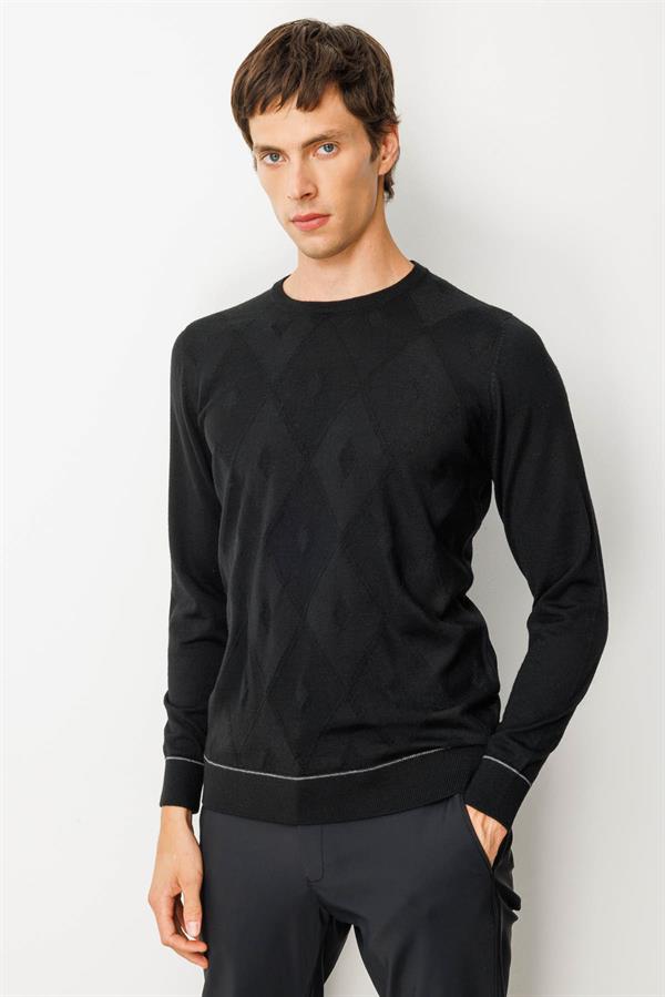 Erkek Sıfır Yaka Çizgili Baklavalı Yün Kazak Siyah