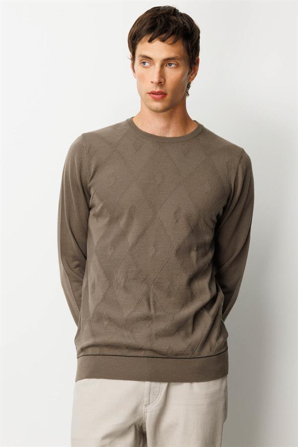 Erkek Sıfır Yaka Çizgili Baklavalı Yün Kazak Vizon