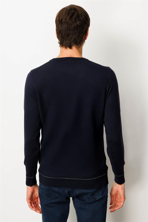 Erkek Sıfır Yaka Çizgili Baklavalı Yün Kazak K.Lacivert