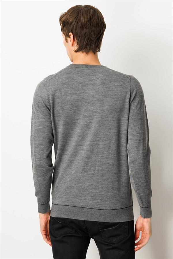 Erkek Sıfır Yaka Çizgili Baklavalı Yün Kazak Füme