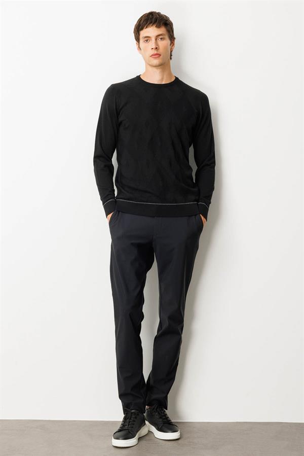 Erkek Sıfır Yaka Çizgili Baklavalı Yün Kazak Siyah