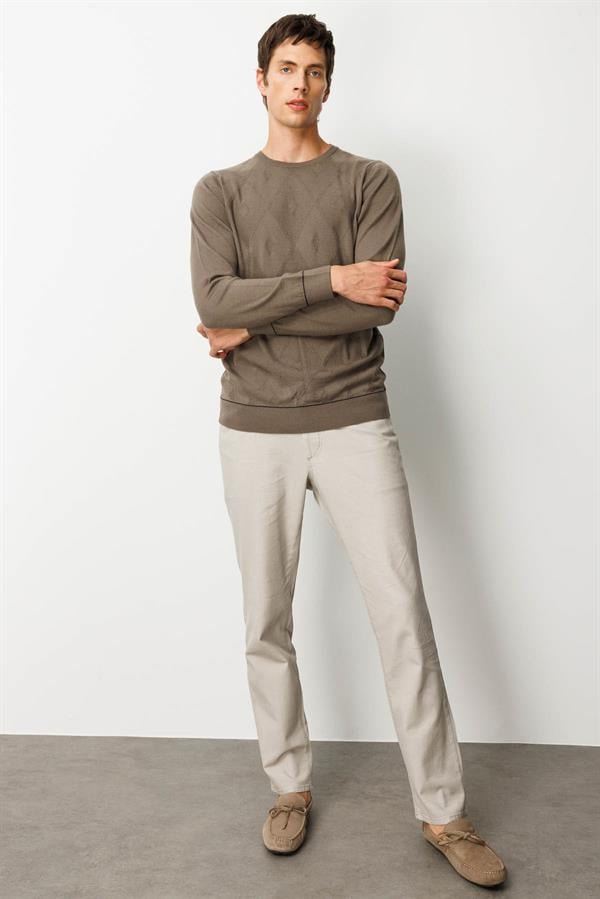 Erkek Sıfır Yaka Çizgili Baklavalı Yün Kazak Vizon