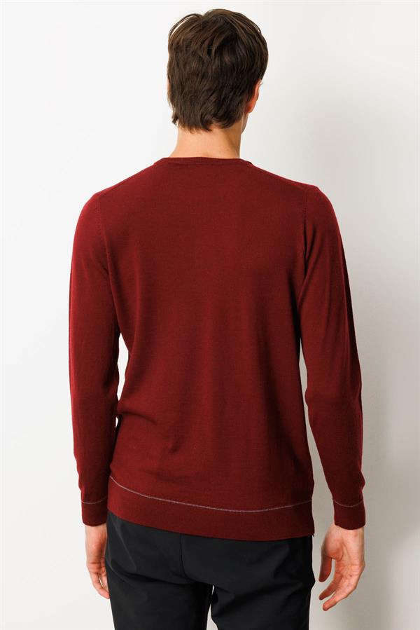 Erkek Sıfır Yaka Çizgili Baklavalı Yün Kazak Bordo