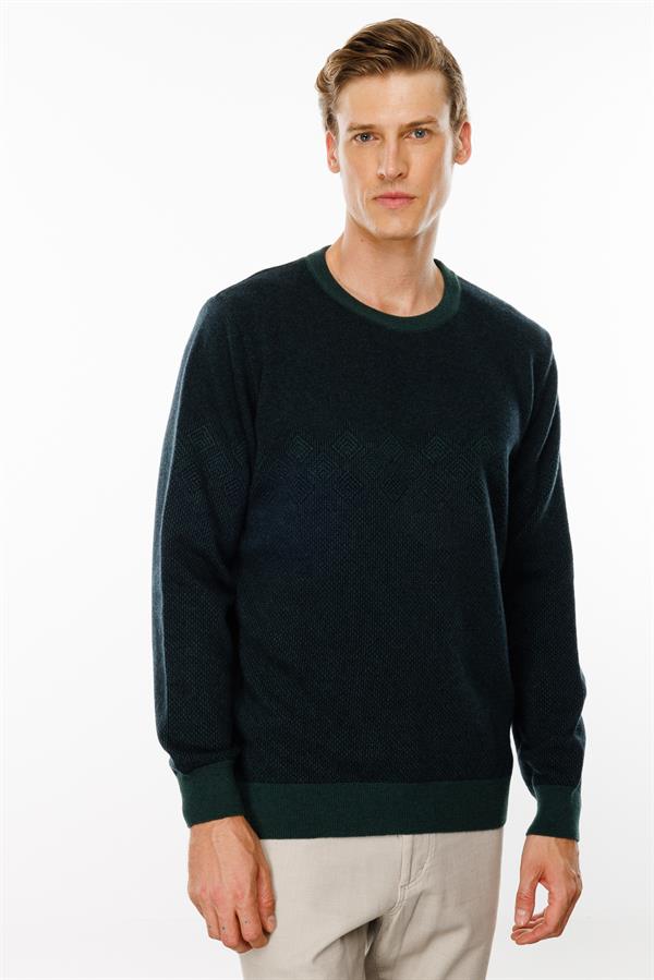 Erkek Sıfır Yaka Göğsü Baklava Desenli Yün Kazak Yeşil