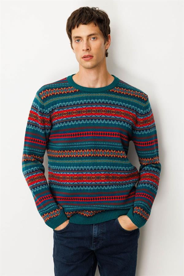 Erkek Sıfır Yaka Jakarlı Yün Kazak K.Ö.başı