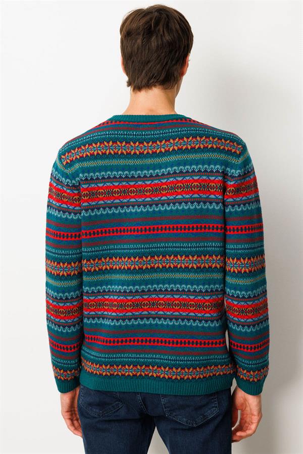 Erkek Sıfır Yaka Jakarlı Yün Kazak K.Ö.başı