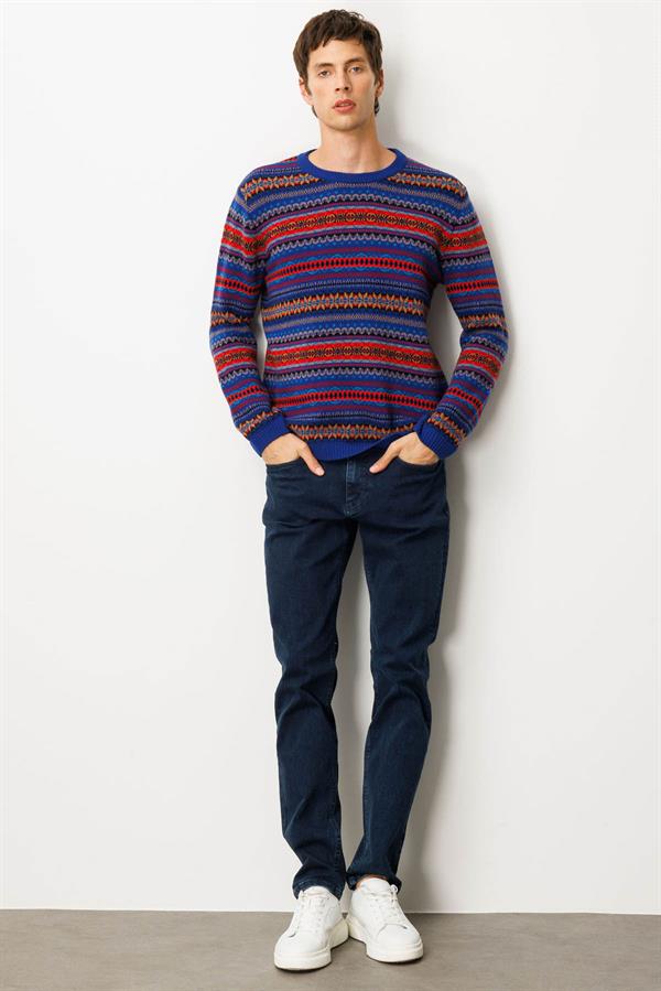 Erkek Sıfır Yaka Jakarlı Yün Kazak K.S.Mavi