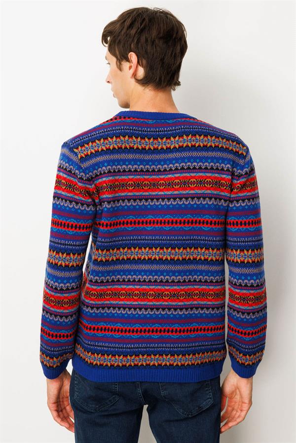 Erkek Sıfır Yaka Jakarlı Yün Kazak K.S.Mavi