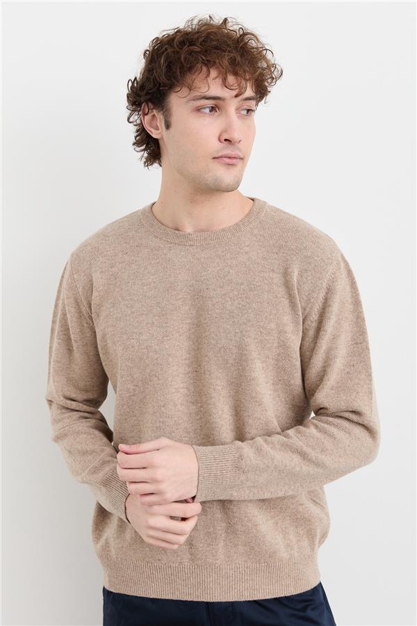 Мужской классический шерстяной свитер с круглым вырезом Бежевый